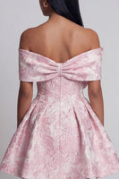 Laden Sie das Bild in den Galerie-Viewer, Rosa Jacquard A-Line-Off-the-shoulder Mini-Homecoming-Kleid mit Schleife