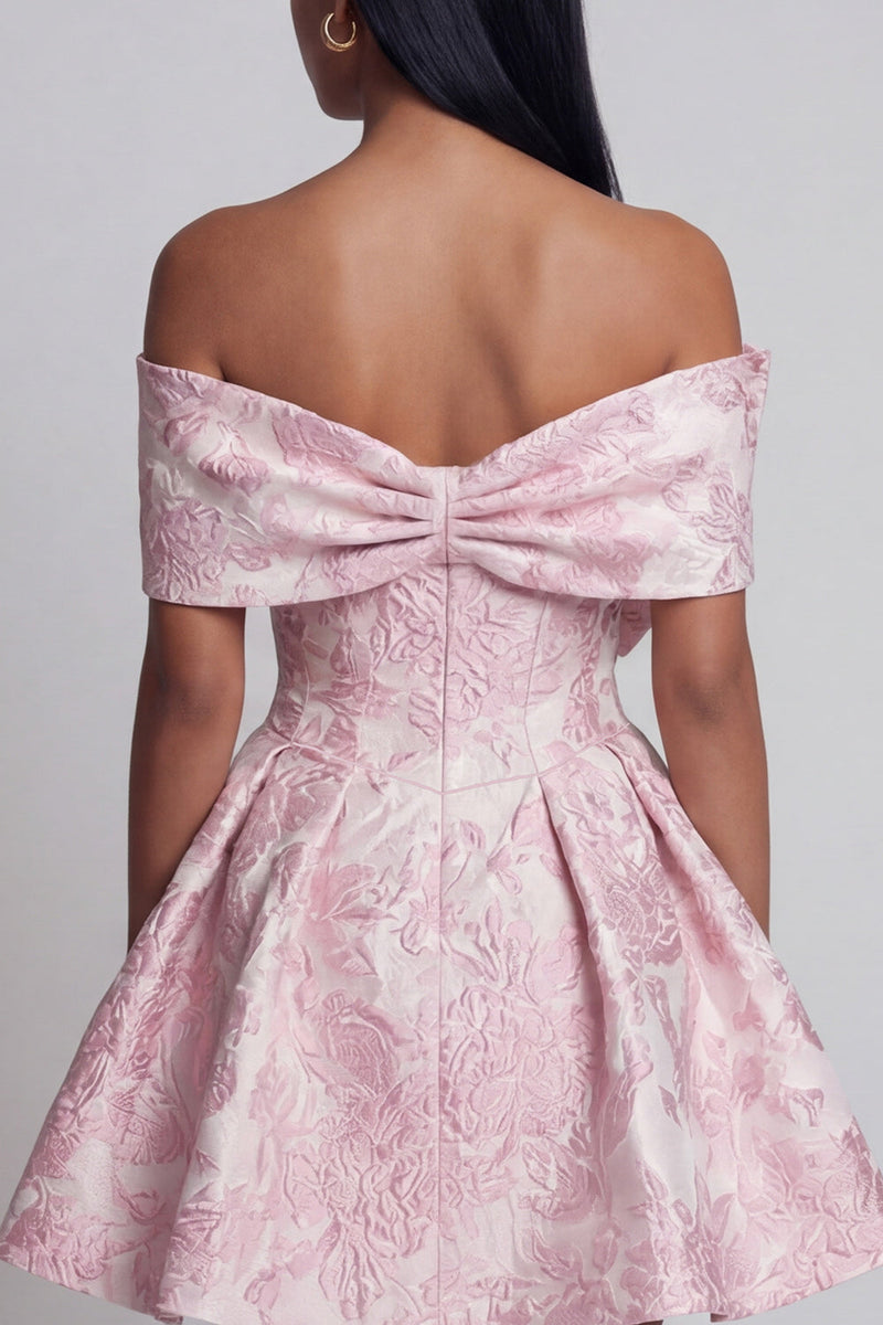 Laden Sie das Bild in den Galerie-Viewer, Rosa Jacquard A-Line-Off-the-shoulder Mini-Homecoming-Kleid mit Schleife