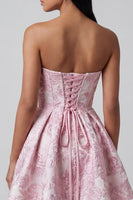 Laden Sie das Bild in den Galerie-Viewer, A-Linie pinkes Jacquard Sweetheart Mini-Homecoming-Kleid mit Rüschen und Schleife