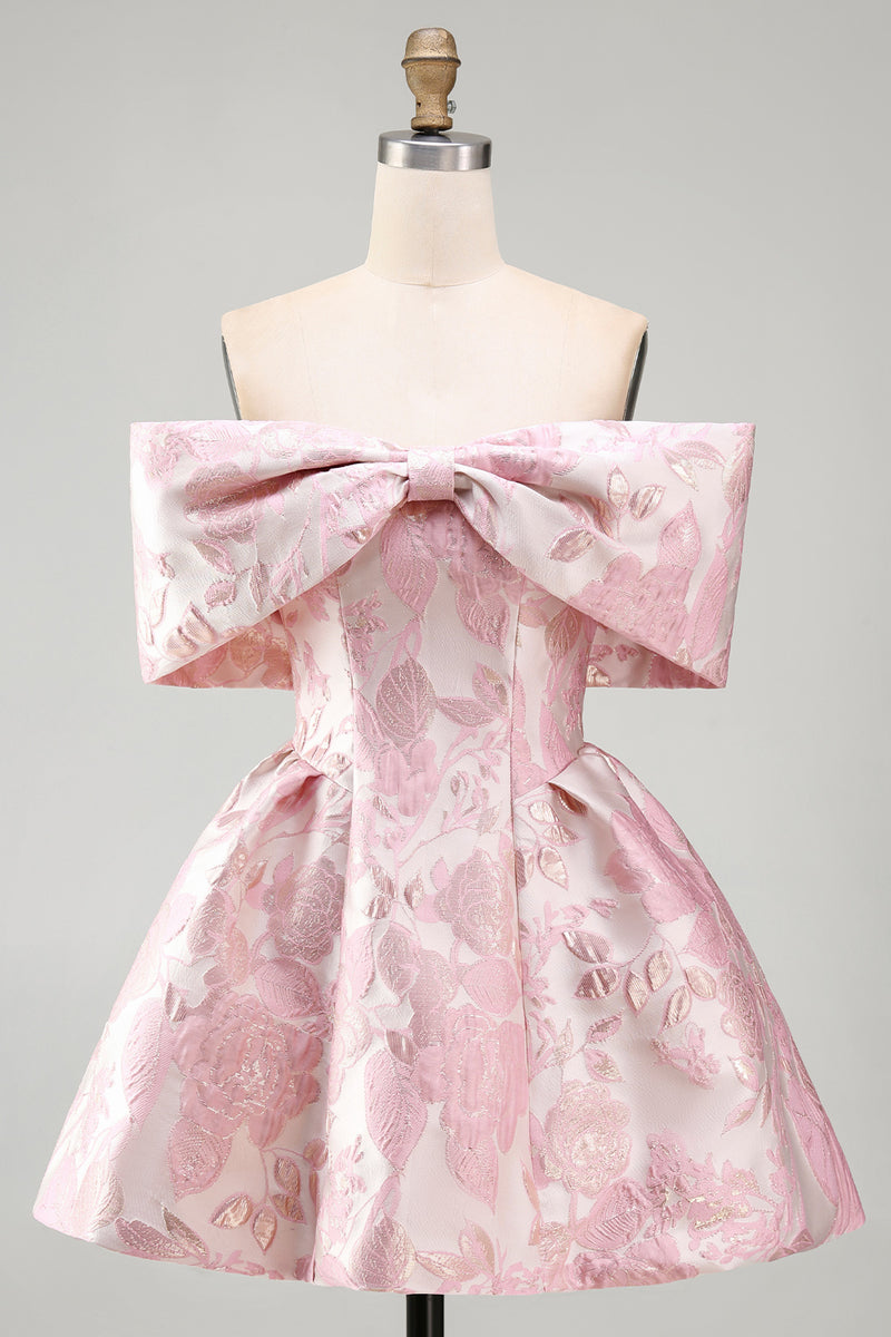 Laden Sie das Bild in den Galerie-Viewer, Jacquard A-Linie-rosa Mini-Homecoming-Kleid mit Schleife