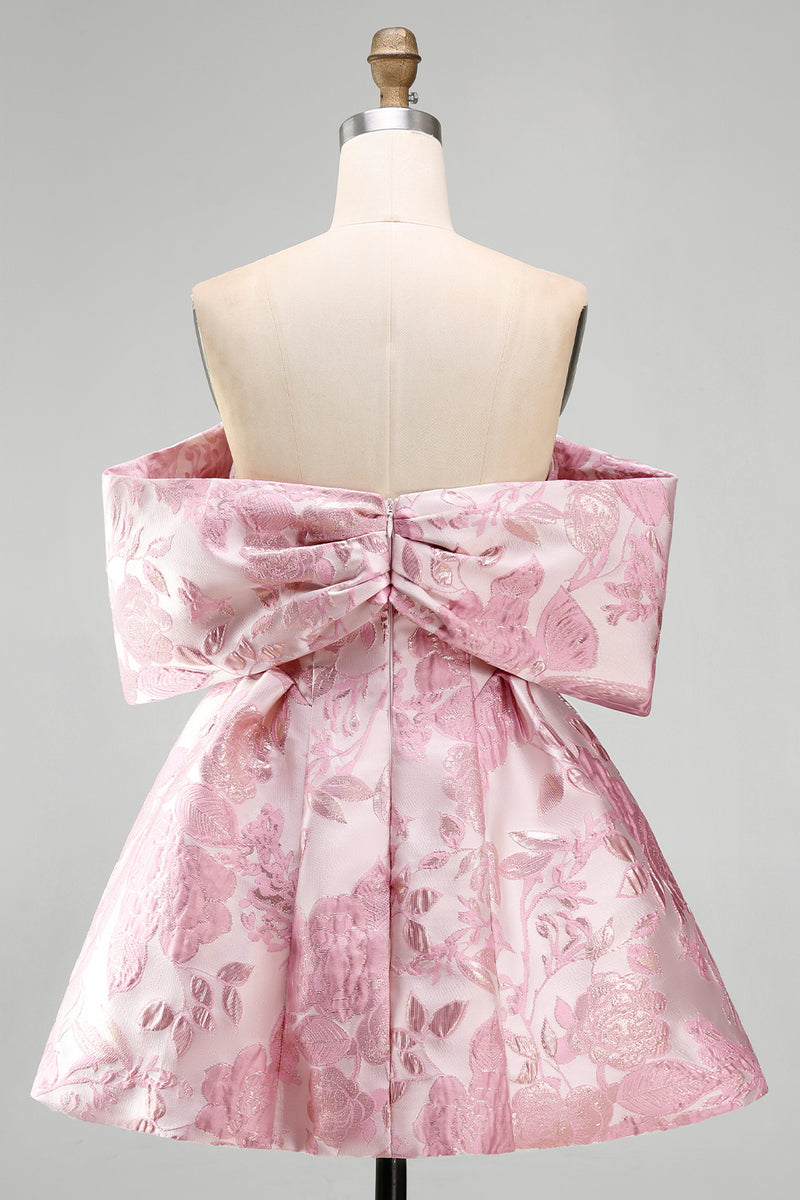 Laden Sie das Bild in den Galerie-Viewer, Jacquard A-Linie-rosa Mini-Homecoming-Kleid mit Schleife
