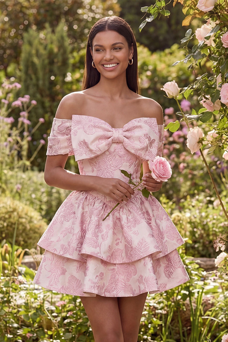 Laden Sie das Bild in den Galerie-Viewer, Rosa Jacquard-A-Linie mit rüschendem Mini-Homecoming-Kleid mit Schleife