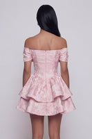 Laden Sie das Bild in den Galerie-Viewer, Rosa Jacquard-A-Linie mit rüschendem Mini-Homecoming-Kleid mit Schleife