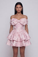 Laden Sie das Bild in den Galerie-Viewer, Rosa Jacquard-A-Linie mit rüschendem Mini-Homecoming-Kleid mit Schleife