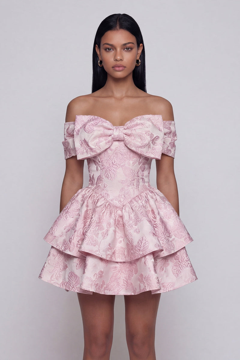 Laden Sie das Bild in den Galerie-Viewer, Rosa Jacquard-A-Linie mit rüschendem Mini-Homecoming-Kleid mit Schleife