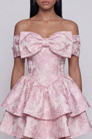 Laden Sie das Bild in den Galerie-Viewer, Rosa Jacquard-A-Linie mit rüschendem Mini-Homecoming-Kleid mit Schleife