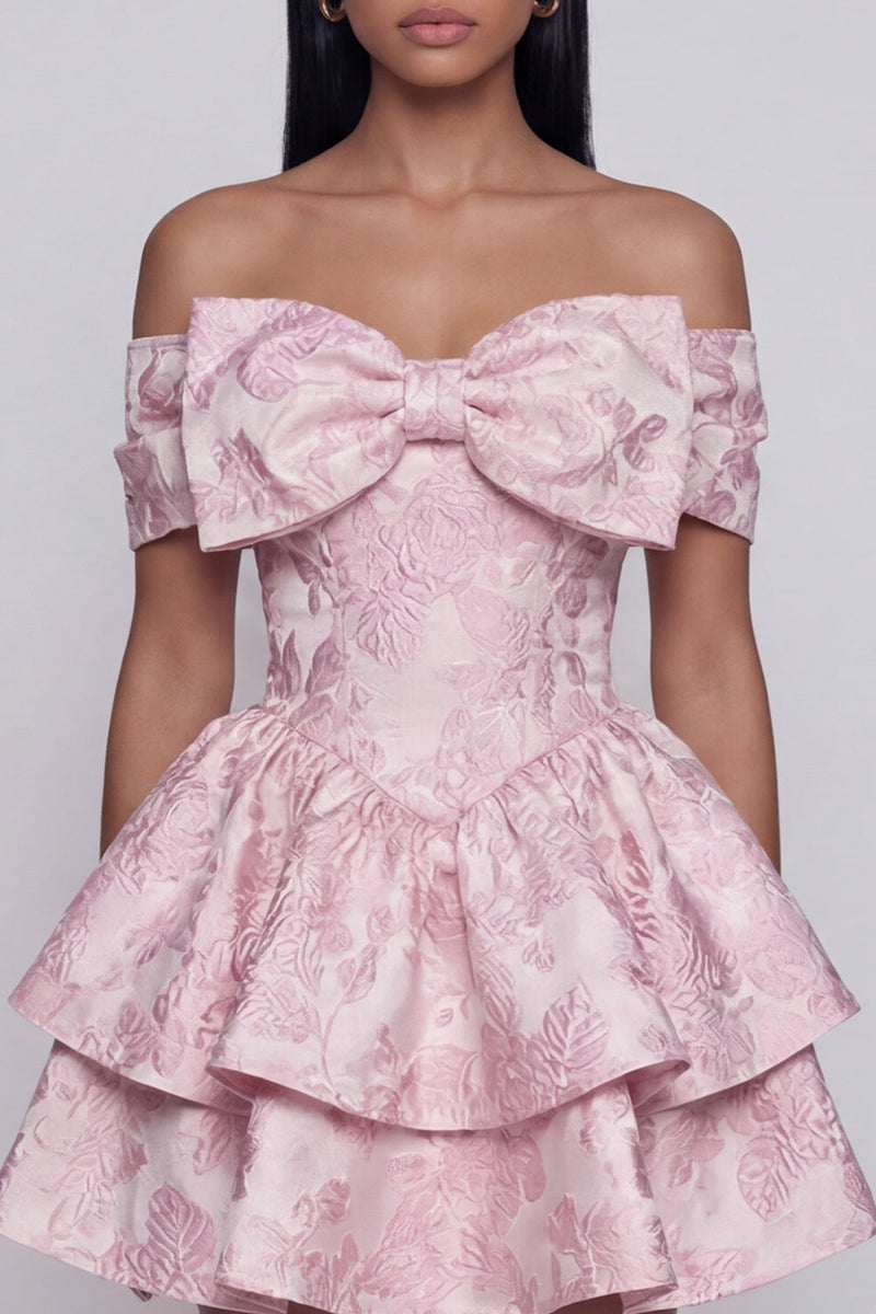 Laden Sie das Bild in den Galerie-Viewer, Rosa Jacquard-A-Linie mit rüschendem Mini-Homecoming-Kleid mit Schleife