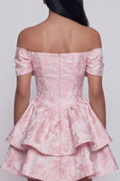 Laden Sie das Bild in den Galerie-Viewer, Rosa Jacquard-A-Linie mit rüschendem Mini-Homecoming-Kleid mit Schleife