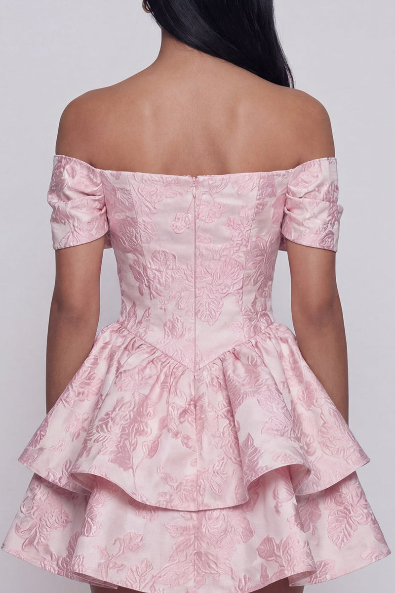 Laden Sie das Bild in den Galerie-Viewer, Rosa Jacquard-A-Linie mit rüschendem Mini-Homecoming-Kleid mit Schleife