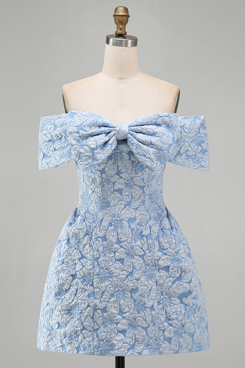 Laden Sie das Bild in den Galerie-Viewer, Off-the-shoulder Blaues Jacquard A-Linie Mini Abendkleid mit Schleife