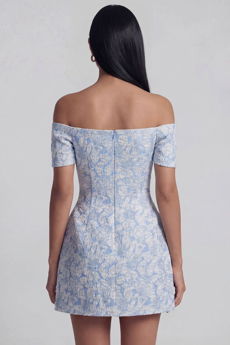 Laden Sie das Bild in den Galerie-Viewer, Off-the-shoulder blaues Jacquard A-Line Mini-Homecoming-Kleid mit Schleife