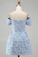 Laden Sie das Bild in den Galerie-Viewer, Off-the-shoulder Blaues Jacquard A-Linie Mini Abendkleid mit Schleife