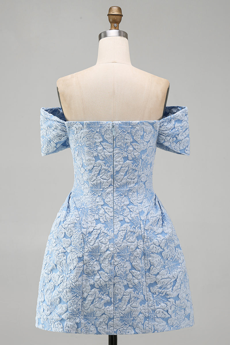 Laden Sie das Bild in den Galerie-Viewer, Off-the-shoulder Blaues Jacquard A-Linie Mini Abendkleid mit Schleife