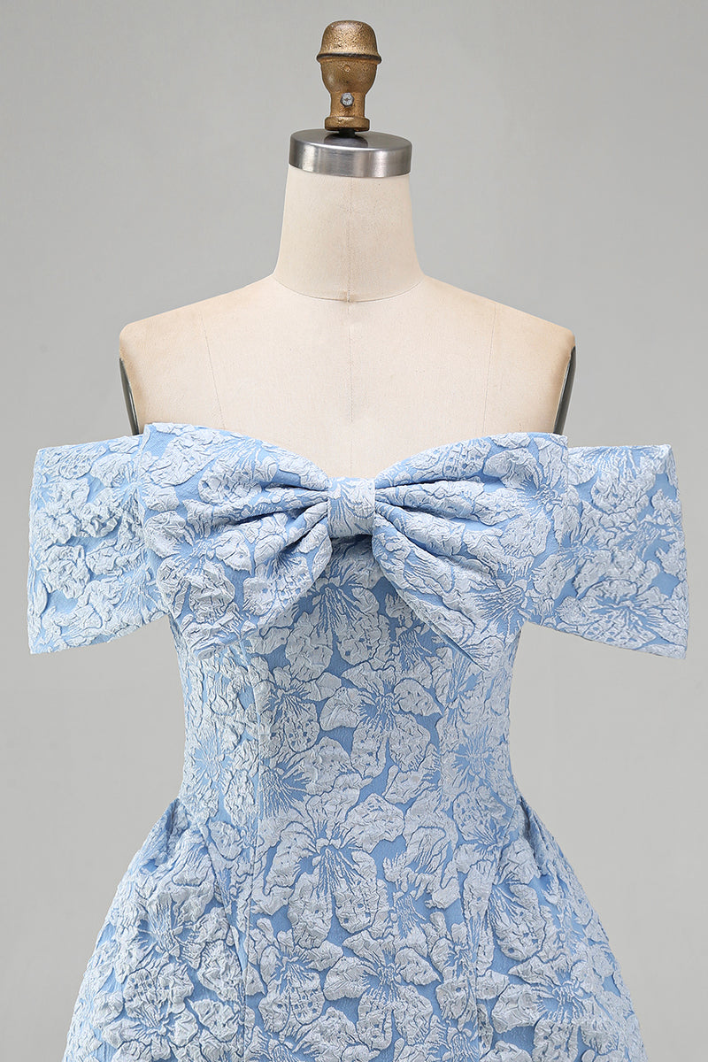 Laden Sie das Bild in den Galerie-Viewer, Off-the-shoulder Blaues Jacquard A-Linie Mini Abendkleid mit Schleife