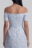 Laden Sie das Bild in den Galerie-Viewer, Off-the-shoulder blaues Jacquard A-Line Mini-Homecoming-Kleid mit Schleife