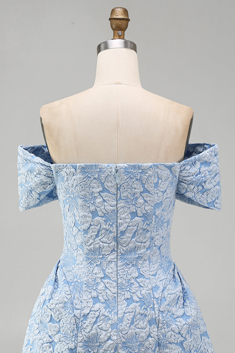 Laden Sie das Bild in den Galerie-Viewer, Off-the-shoulder Blaues Jacquard A-Linie Mini Abendkleid mit Schleife