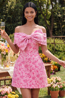 Laden Sie das Bild in den Galerie-Viewer, Off-the-shoulder blaues Jacquard A-Line Mini-Homecoming-Kleid mit Schleife