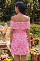 Laden Sie das Bild in den Galerie-Viewer, Off-the-shoulder blaues Jacquard A-Line Mini-Homecoming-Kleid mit Schleife