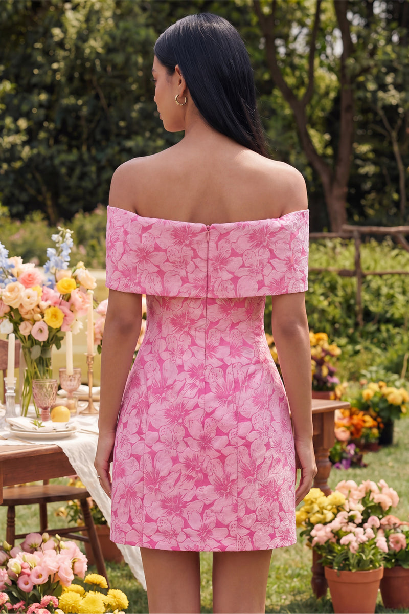 Laden Sie das Bild in den Galerie-Viewer, Off-the-shoulder blaues Jacquard A-Line Mini-Homecoming-Kleid mit Schleife