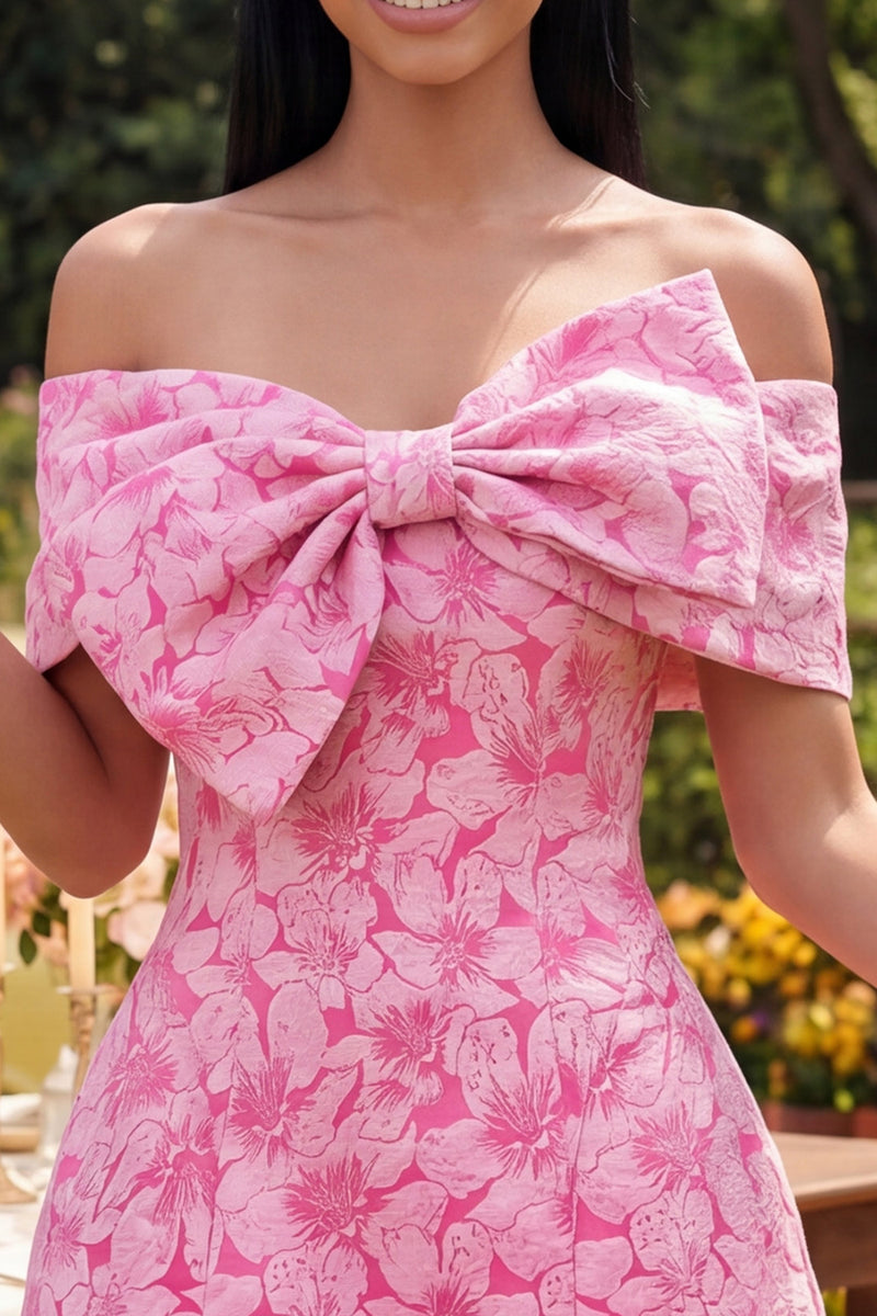 Laden Sie das Bild in den Galerie-Viewer, Off-the-shoulder blaues Jacquard A-Line Mini-Homecoming-Kleid mit Schleife