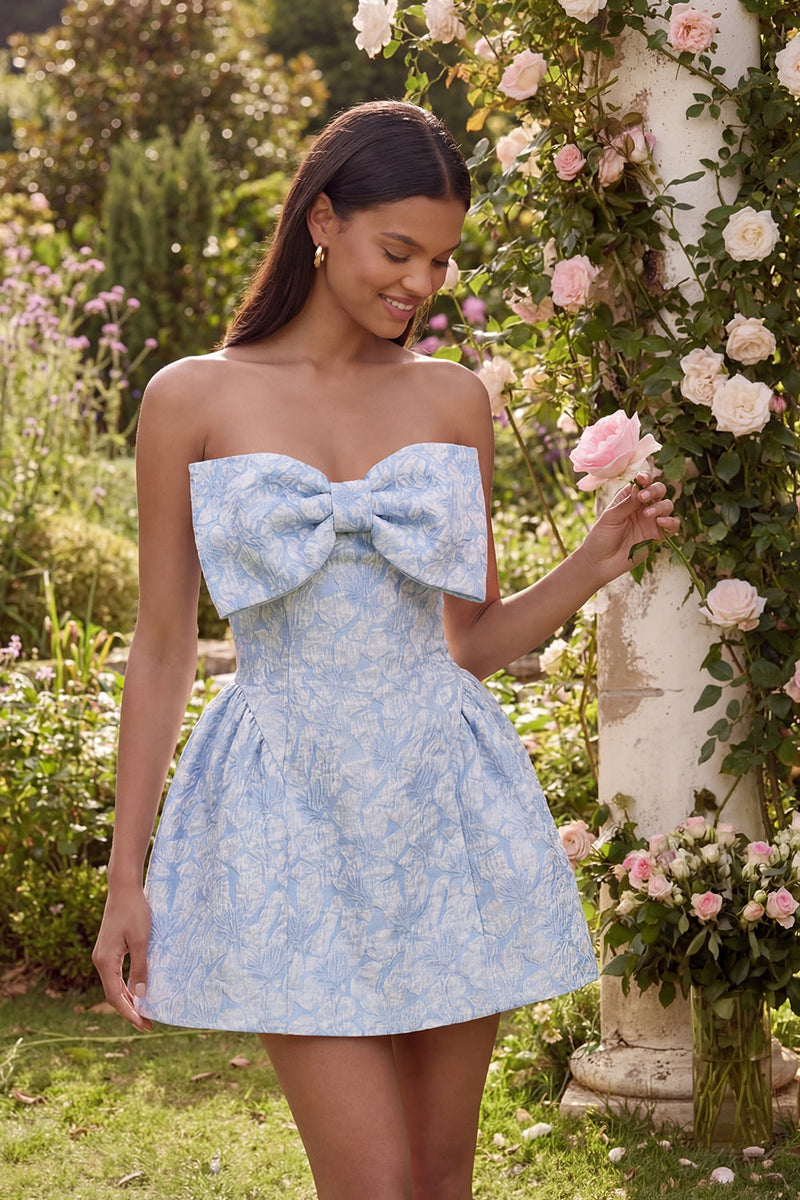 Laden Sie das Bild in den Galerie-Viewer, A-Linie blaues Jacquard-Mini-Homecoming-Kleid mit Schleife