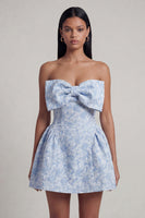 Laden Sie das Bild in den Galerie-Viewer, A-Linie blaues Jacquard-Mini-Homecoming-Kleid mit Schleife
