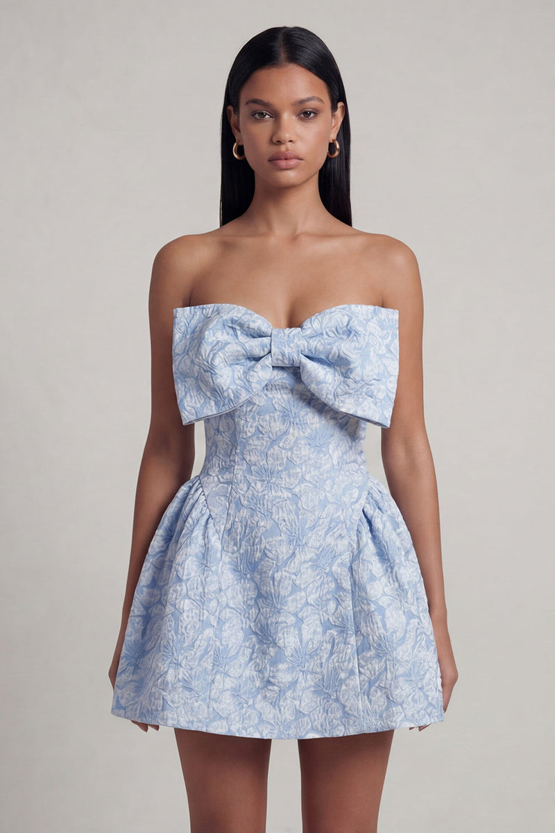 Laden Sie das Bild in den Galerie-Viewer, A-Linie blaues Jacquard-Mini-Homecoming-Kleid mit Schleife