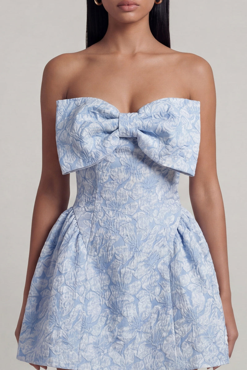 Laden Sie das Bild in den Galerie-Viewer, A-Linie blaues Jacquard-Mini-Homecoming-Kleid mit Schleife
