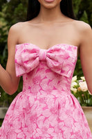 Laden Sie das Bild in den Galerie-Viewer, A-Linie blaues Jacquard-Mini-Homecoming-Kleid mit Schleife
