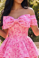 Laden Sie das Bild in den Galerie-Viewer, A-Linie fuchsiafarbenes Jacquard-Mini-Homecoming-Kleid mit Schleife