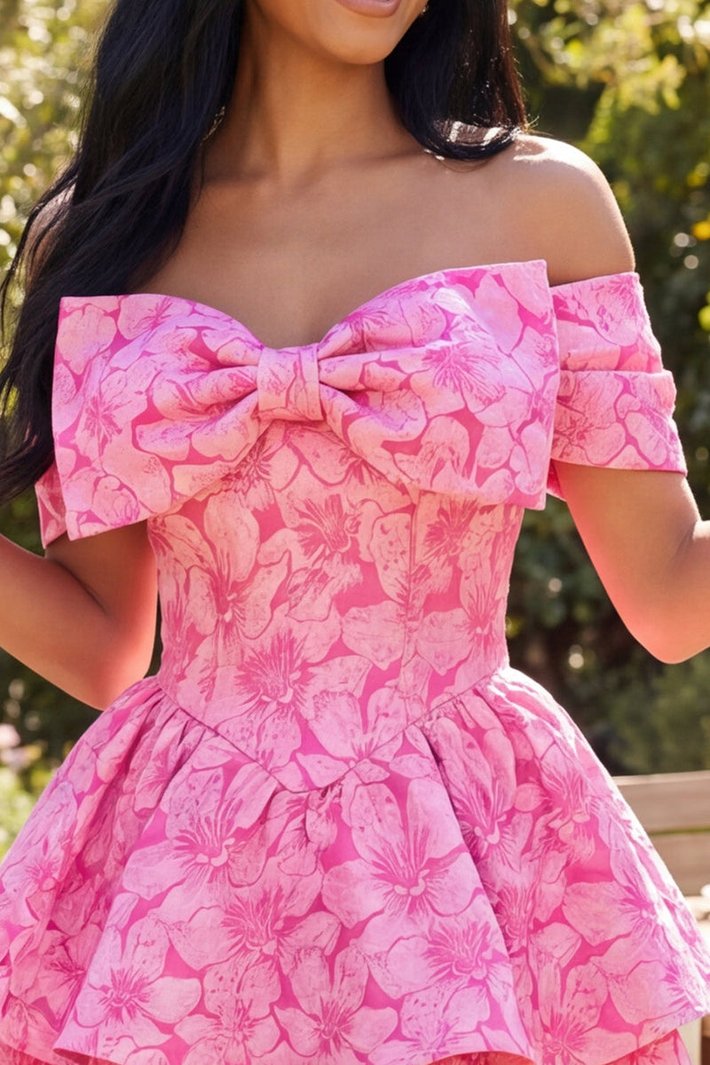 Laden Sie das Bild in den Galerie-Viewer, A-Linie fuchsiafarbenes Jacquard-Mini-Homecoming-Kleid mit Schleife