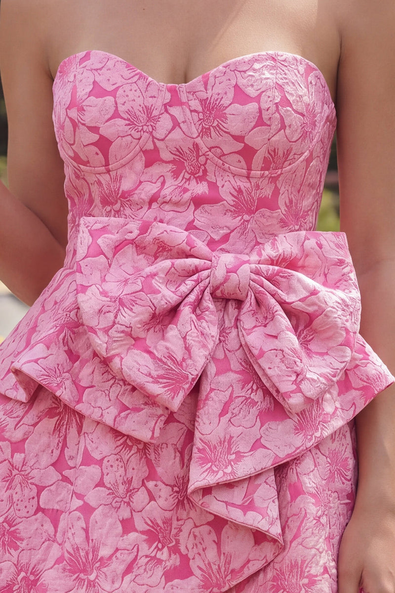 Laden Sie das Bild in den Galerie-Viewer, A-Linie fuchsiafarbenes Sweetheart Jacquard Mini-Homecoming-Kleid mit Rüschen