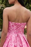 Laden Sie das Bild in den Galerie-Viewer, A-Linie fuchsiafarbenes Sweetheart Jacquard Mini-Homecoming-Kleid mit Rüschen