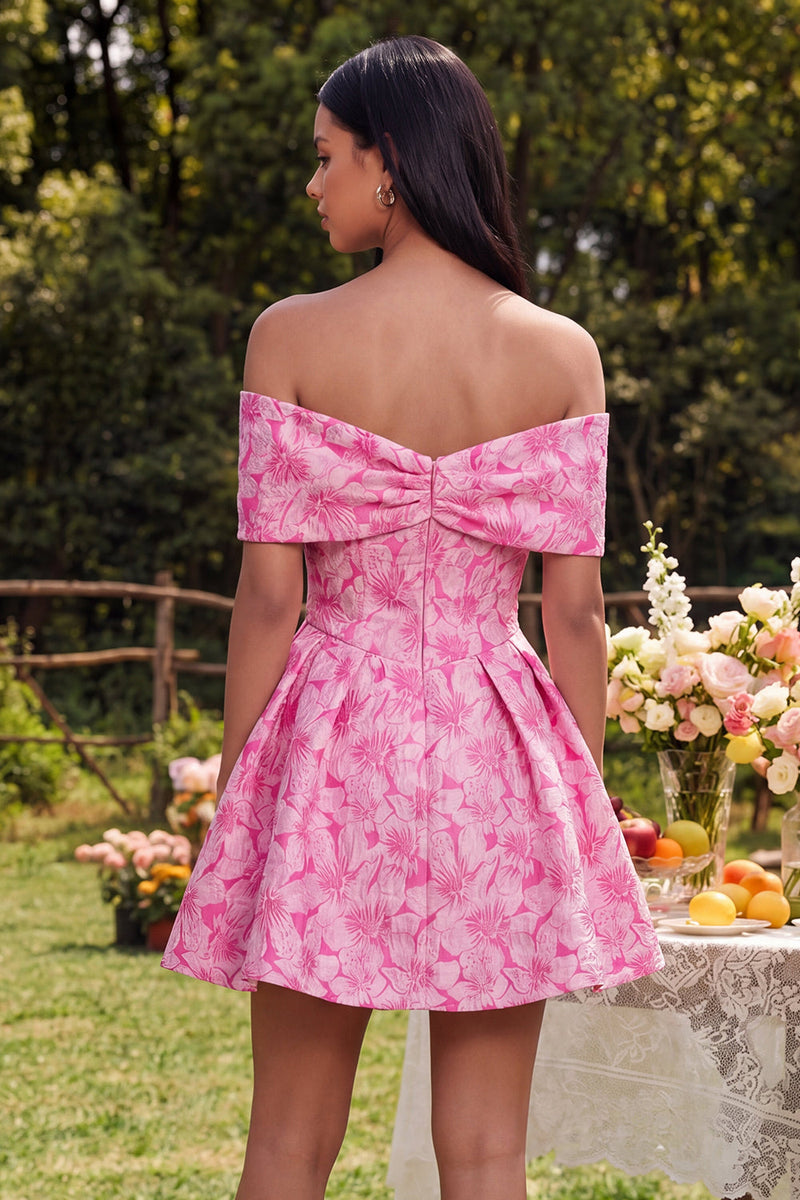 Laden Sie das Bild in den Galerie-Viewer, Off-the-shoulder A-Linie fuchsiafarbenes Jacquard Mini-Homecoming-Kleid mit Schleife