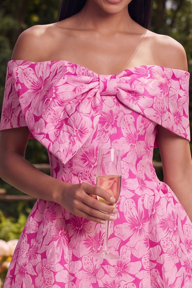 Laden Sie das Bild in den Galerie-Viewer, Off-the-shoulder A-Linie fuchsiafarbenes Jacquard Mini-Homecoming-Kleid mit Schleife