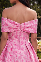 Laden Sie das Bild in den Galerie-Viewer, Off-the-shoulder A-Linie fuchsiafarbenes Jacquard Mini-Homecoming-Kleid mit Schleife