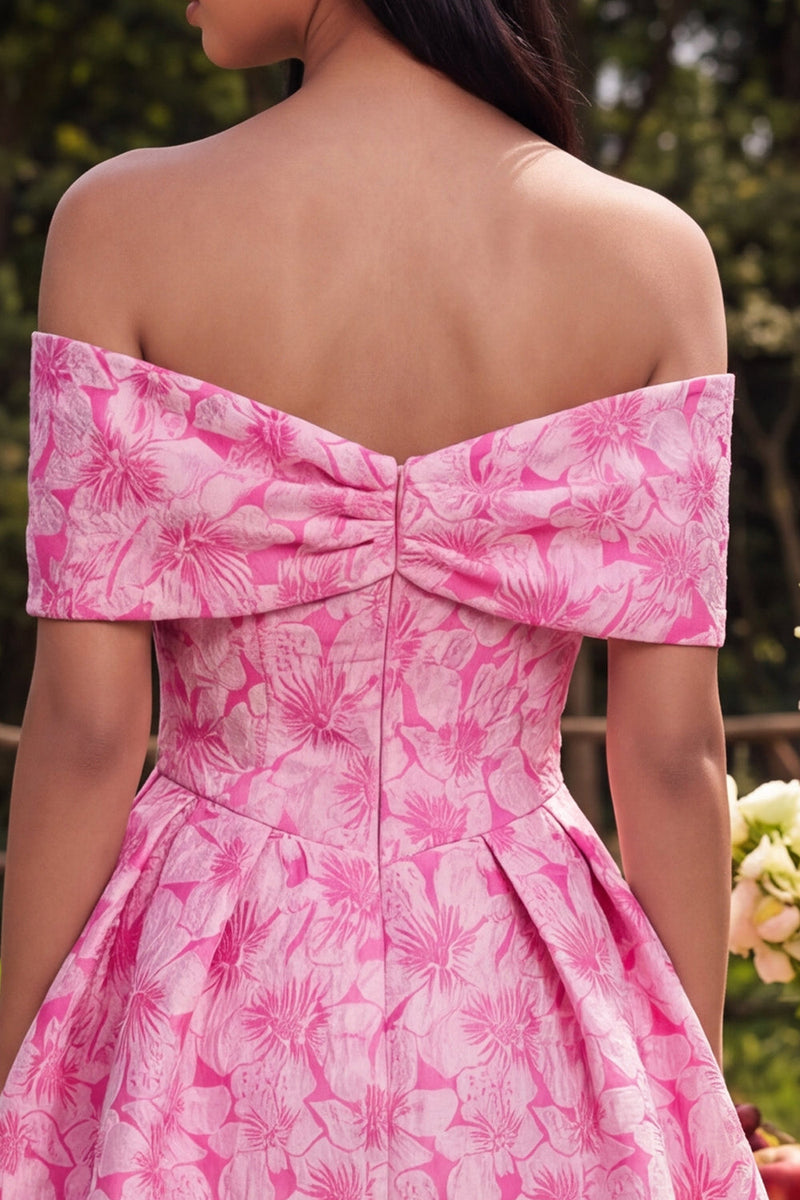 Laden Sie das Bild in den Galerie-Viewer, Off-the-shoulder A-Linie fuchsiafarbenes Jacquard Mini-Homecoming-Kleid mit Schleife