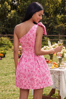 Ein Schulter-A-Linie fuchsiafarbenes Jacquard Mini-Homecoming-Kleid mit Schleife