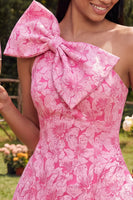 Laden Sie das Bild in den Galerie-Viewer, Ein Schulter-A-Linie fuchsiafarbenes Jacquard Mini-Homecoming-Kleid mit Schleife