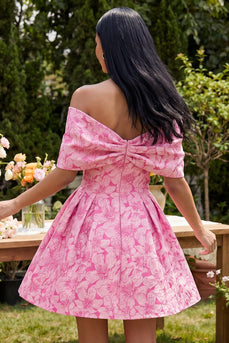 A-Linie fuchsiafarbenes Jacquard-Mini-Homecoming-Kleid mit Schleife
