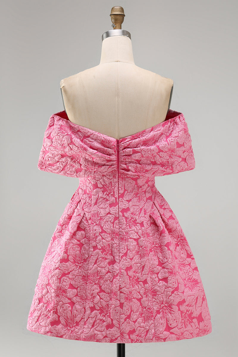 Laden Sie das Bild in den Galerie-Viewer, A-Linie fuchsiafarbenes Jacquard-Mini-Homecoming-Kleid mit Schleife