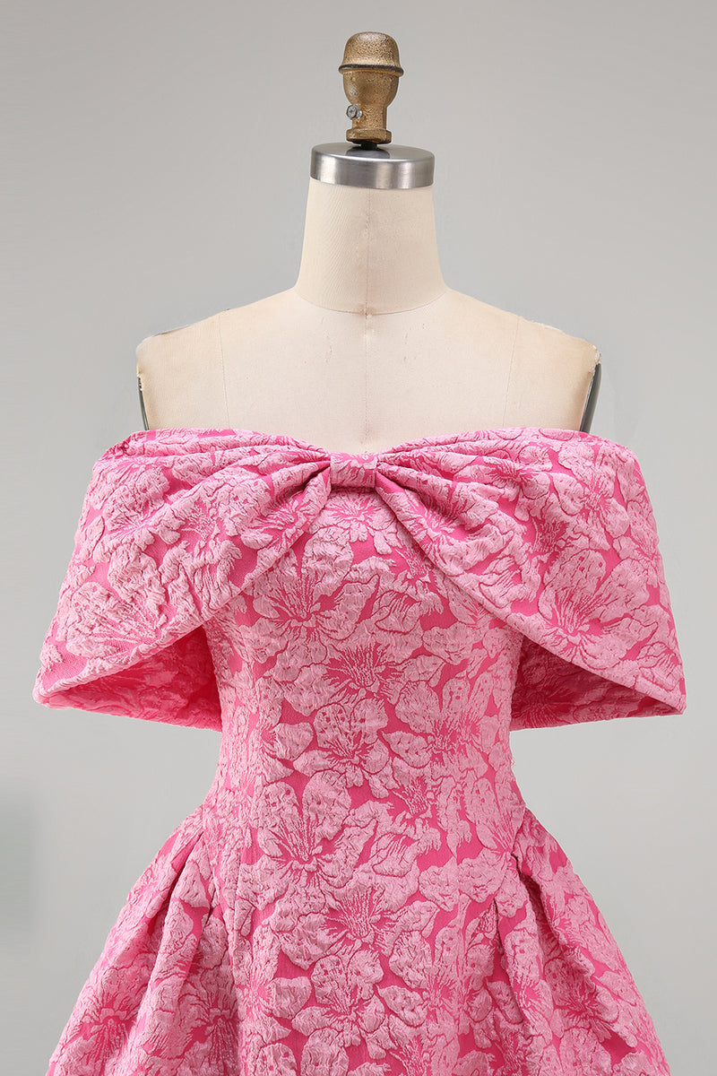 Laden Sie das Bild in den Galerie-Viewer, A-Linie fuchsiafarbenes Jacquard-Mini-Homecoming-Kleid mit Schleife