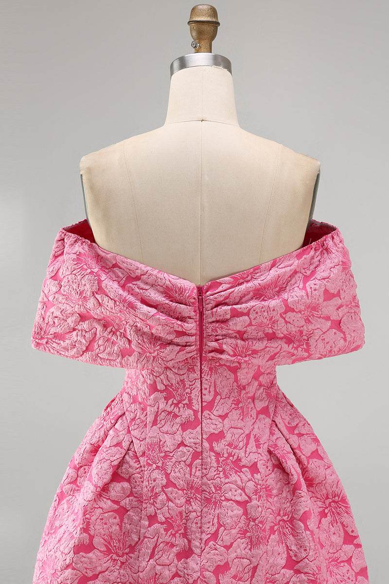 Laden Sie das Bild in den Galerie-Viewer, A-Linie fuchsiafarbenes Jacquard-Mini-Homecoming-Kleid mit Schleife