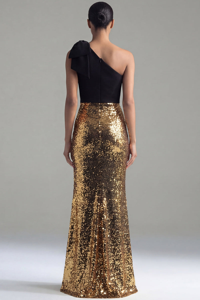 Laden Sie das Bild in den Galerie-Viewer, Glitzerndes schwarz-goldenes einschulteriges Pailletten-Schleifenkleid mit Schlitz