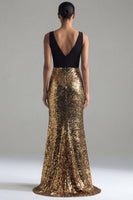 Laden Sie das Bild in den Galerie-Viewer, Glitzerndes schwarzes und goldenes Pailletten, V-Ausschnitt Meerjungfrauenlanges Festkleid mit Schlitz
