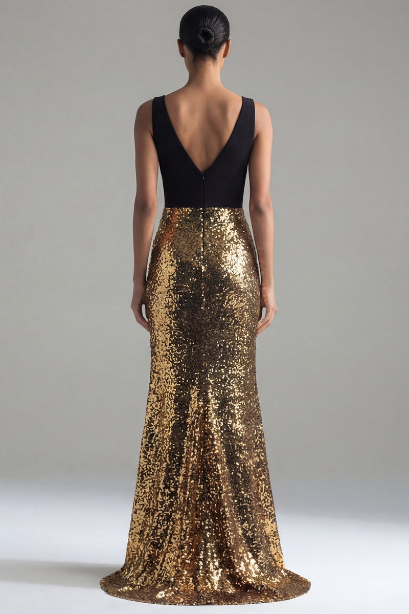 Laden Sie das Bild in den Galerie-Viewer, Glitzerndes schwarzes und goldenes Pailletten, V-Ausschnitt Meerjungfrauenlanges Festkleid mit Schlitz
