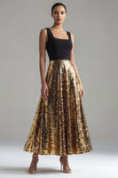 Laden Sie das Bild in den Galerie-Viewer, Glitzerndes schwarz-goldenes Paillettenmuster mit quadratischem Ausschnitt und langem Festkleid in der A-Linie