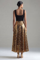 Laden Sie das Bild in den Galerie-Viewer, Glitzerndes schwarz-goldenes Paillettenmuster mit quadratischem Ausschnitt und langem Festkleid in der A-Linie