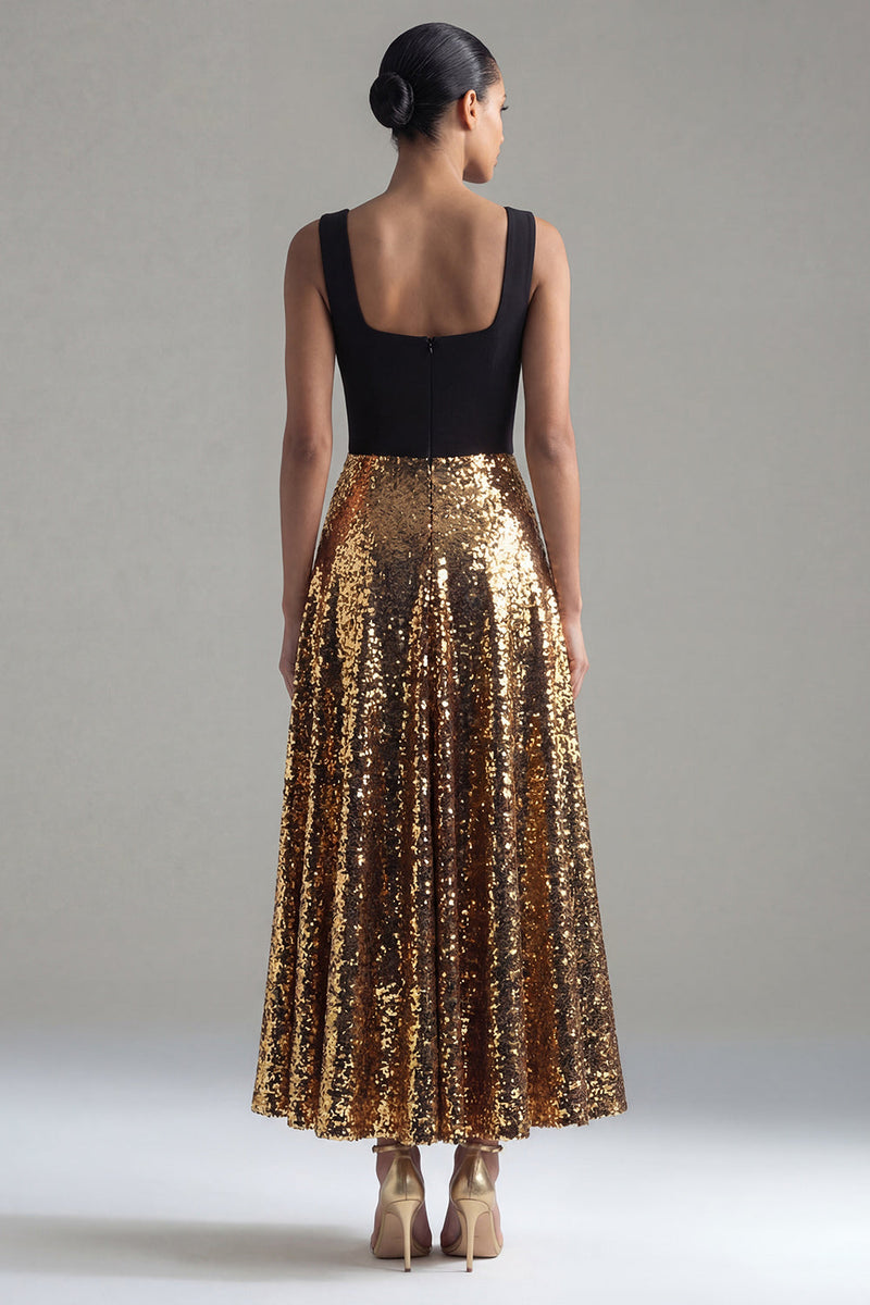 Laden Sie das Bild in den Galerie-Viewer, Glitzerndes schwarz-goldenes Paillettenmuster mit quadratischem Ausschnitt und langem Festkleid in der A-Linie