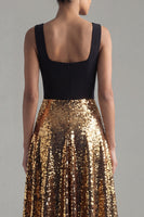 Laden Sie das Bild in den Galerie-Viewer, Glitzerndes schwarz-goldenes Paillettenmuster mit quadratischem Ausschnitt und langem Festkleid in der A-Linie